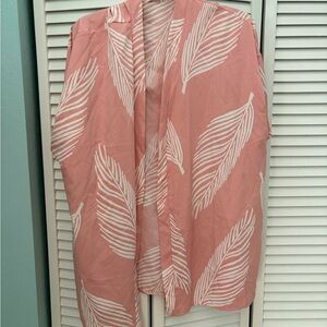 SHEIN Curve Blush Pink Feather-Print Open Kimono